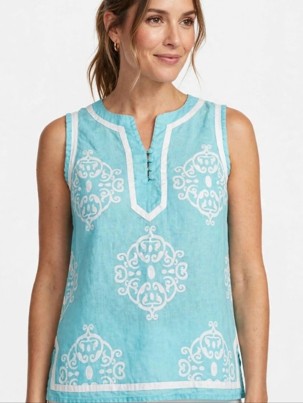 Mercer & Madison Turquoise and White Printed Linen Tank Top-L